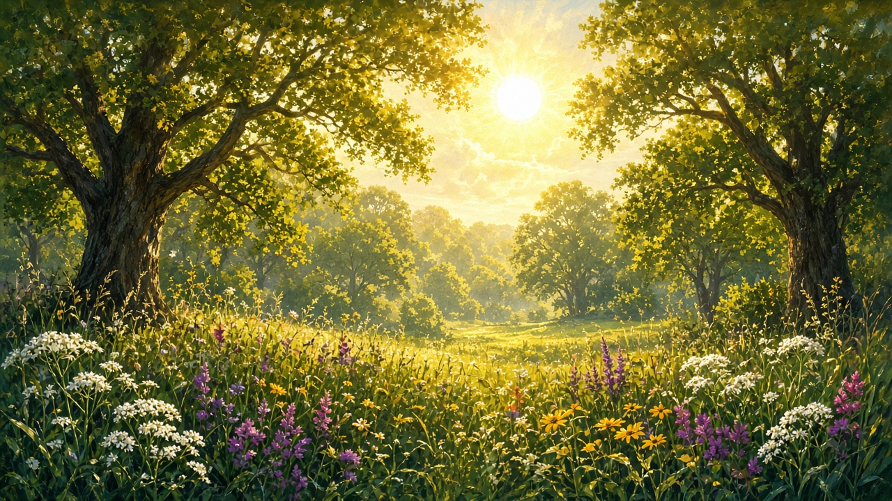 Sol alto do meio-dia sobre um bosque de carvalhos e um campo de flores.
